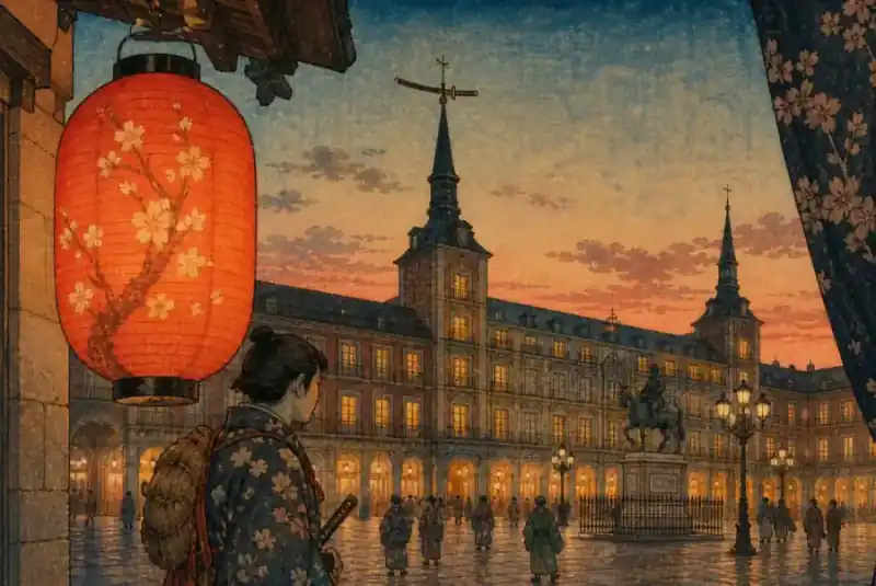 Plaza madrileña al atardecer con un farol vermellón