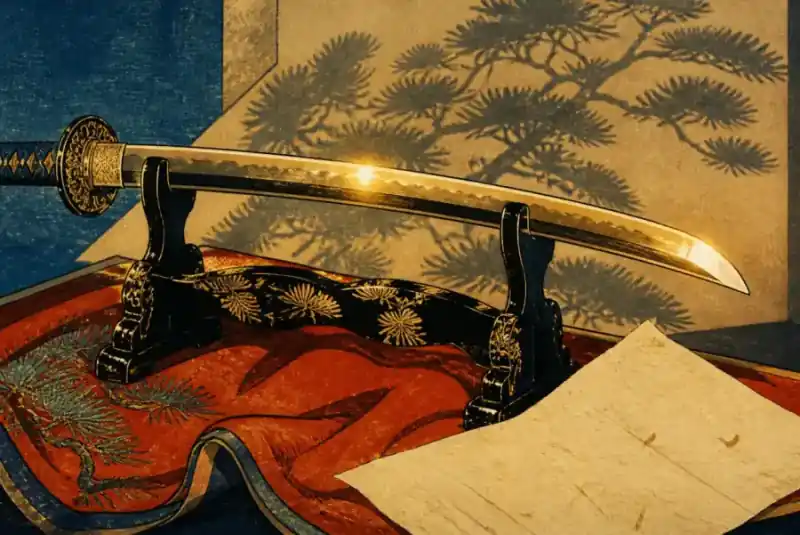 Katana sobre tela vermellón y papel washi